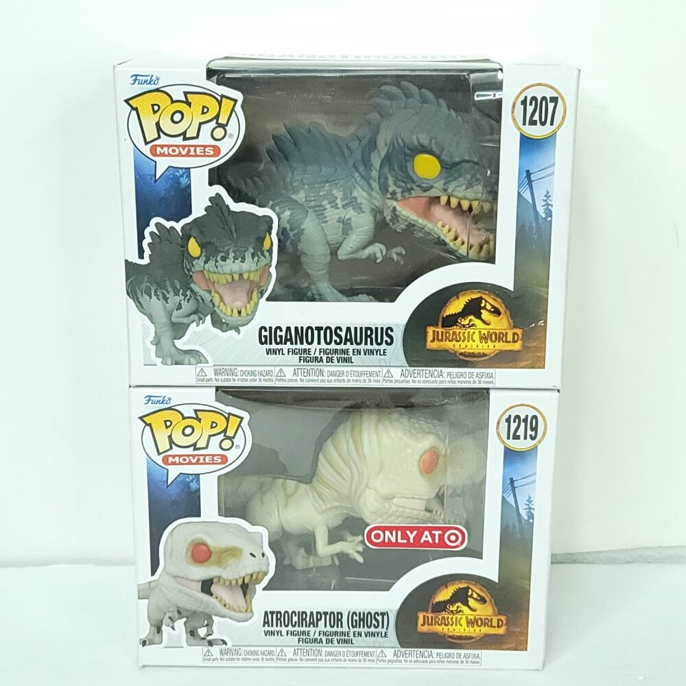 LOT OF 2 Funko Pop Jurassic Park Atrociraptor Ghost 1219 Giganotosaurus 1207 NEW